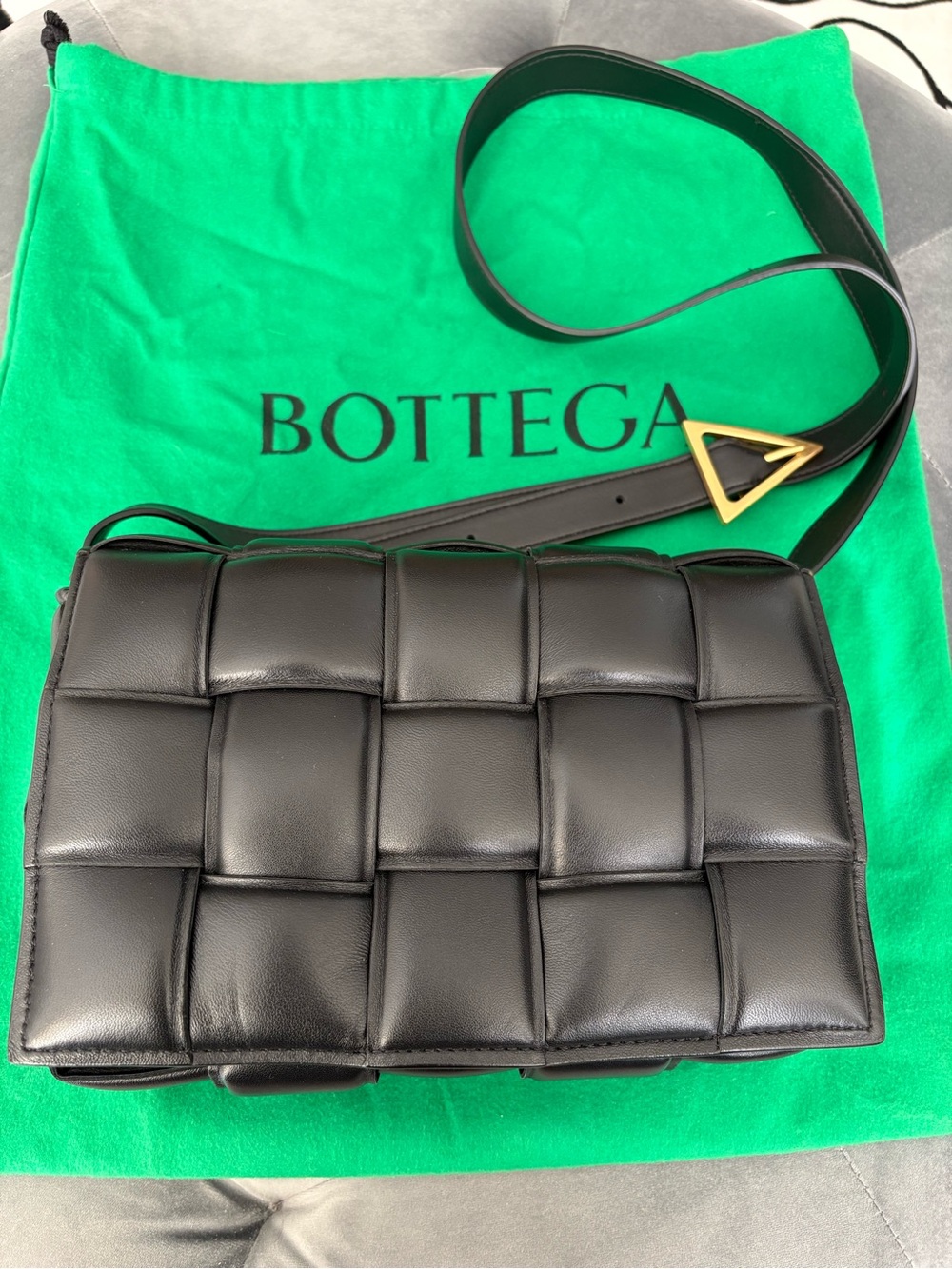 Bottega Veneta Black Padded Cassette Shoulder Bag with Gold Triangle Buckle